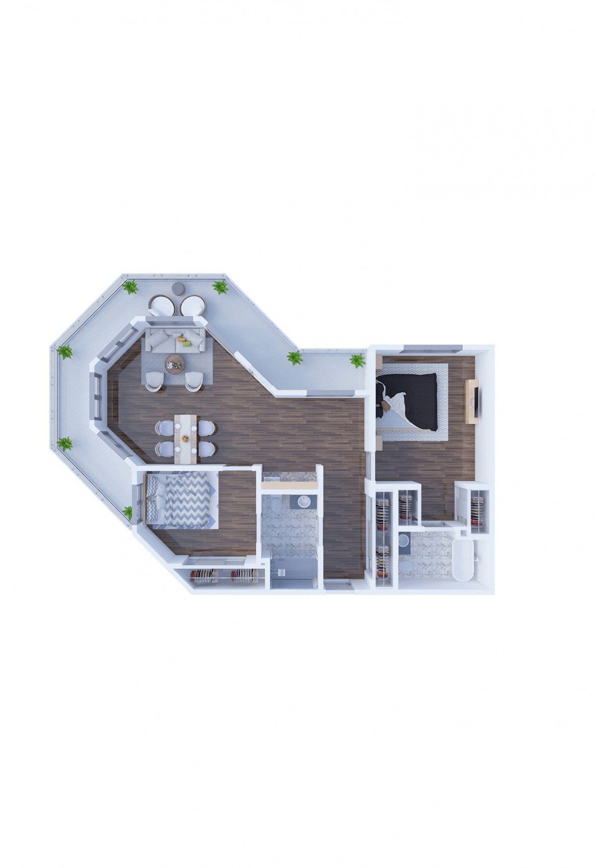 A detailed floor plan showcasing an apartment layout with designated living, dining, and kitchen areas.