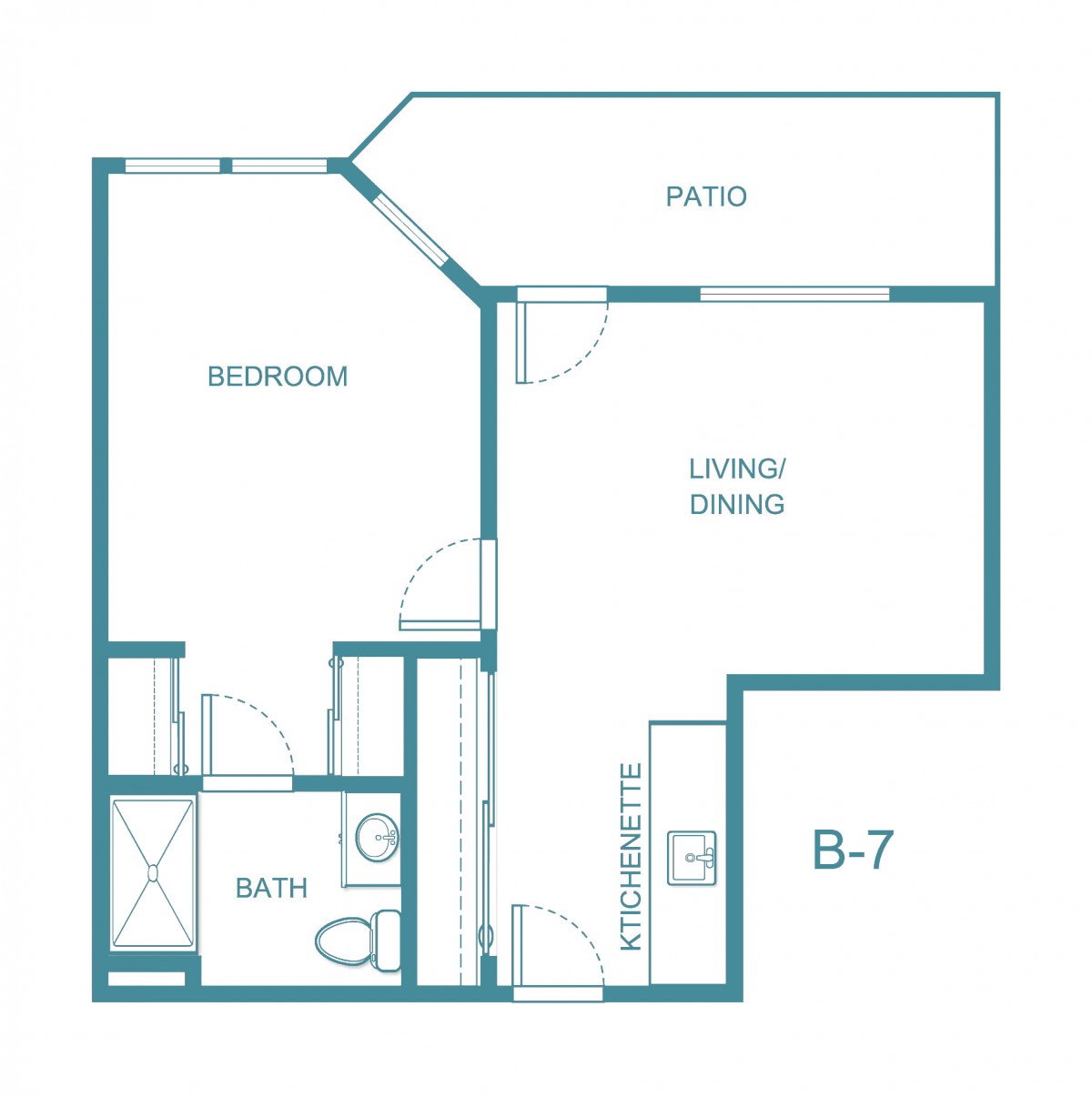 A blueprint of a one-bedroom apartment featuring a bedroom, bathroom, living/dining area, and a patio.