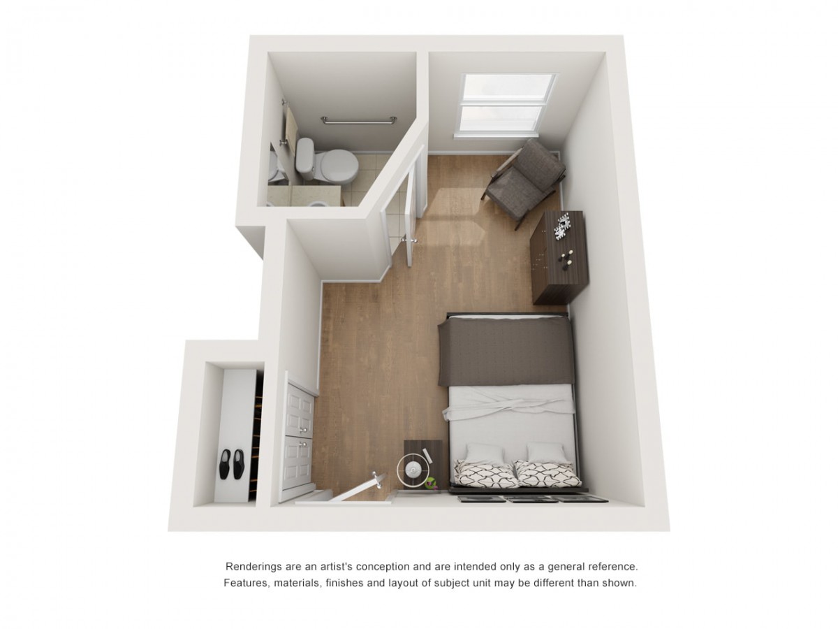 A 3D floor plan of a compact room featuring a bed, bedside table, chair, and an attached bathroom.