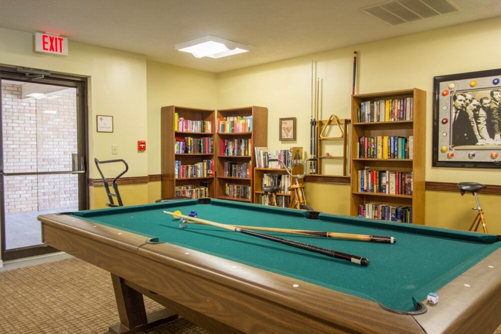 A cozy room with a pool table and bookshelves filled with books.