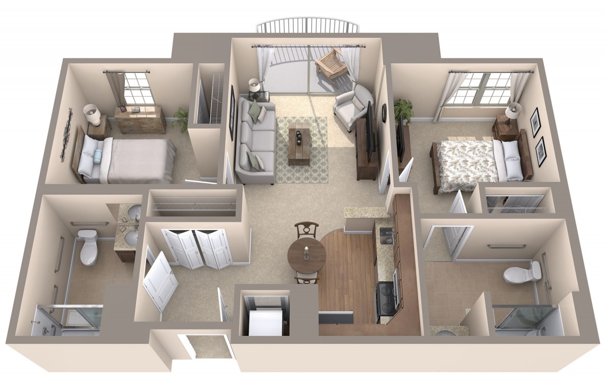 A detailed floor plan of a two-bedroom apartment with a living room, kitchen, and bathroom.