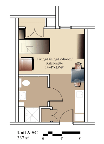 A schematic floor plan of a compact apartment featuring a combined living, dining, and bedroom area.