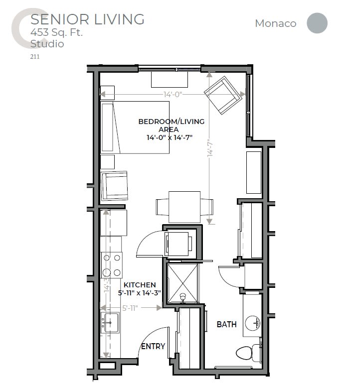 Detailed architectural floor plan of a senior living apartment with various labeled areas.