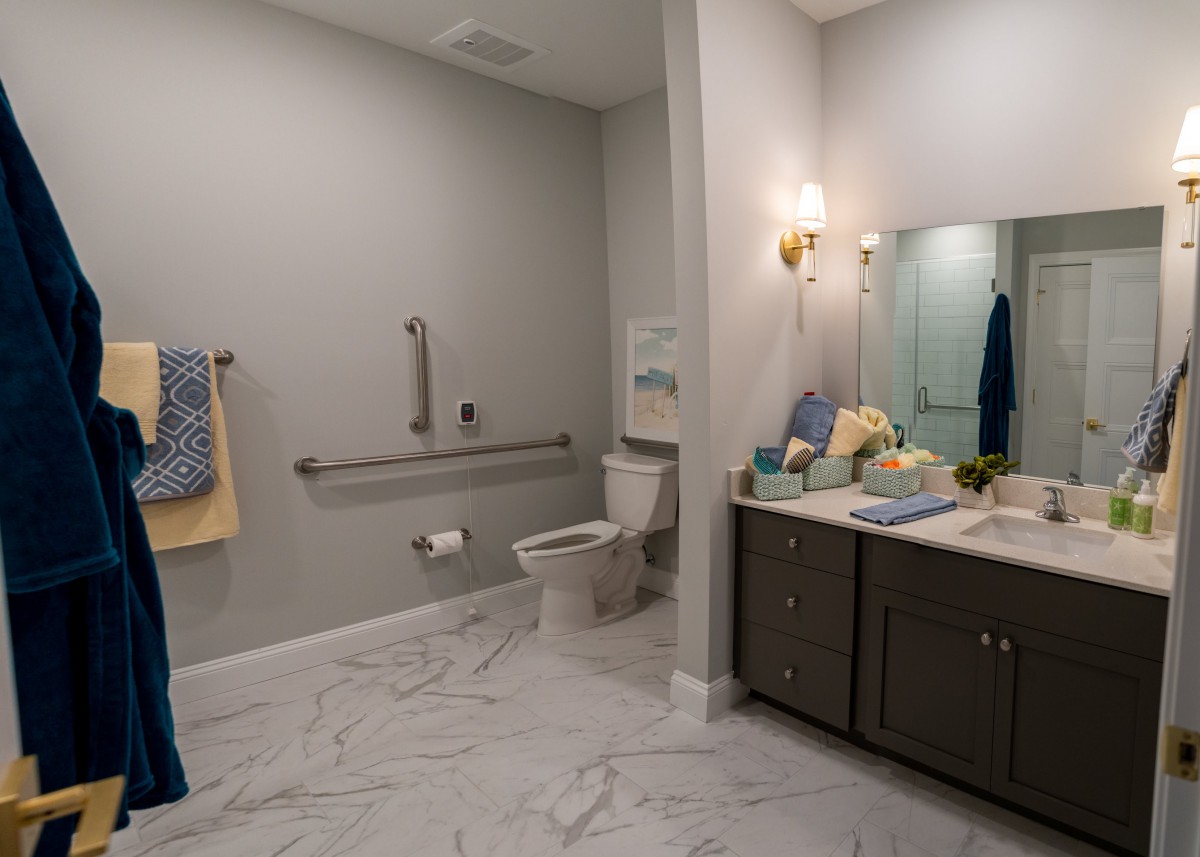 A modern and accessible bathroom with grab bars and elegant decor.