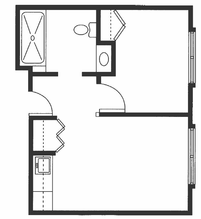 A simple floor plan showing a small apartment layout with a bathroom, kitchen, and open living area.