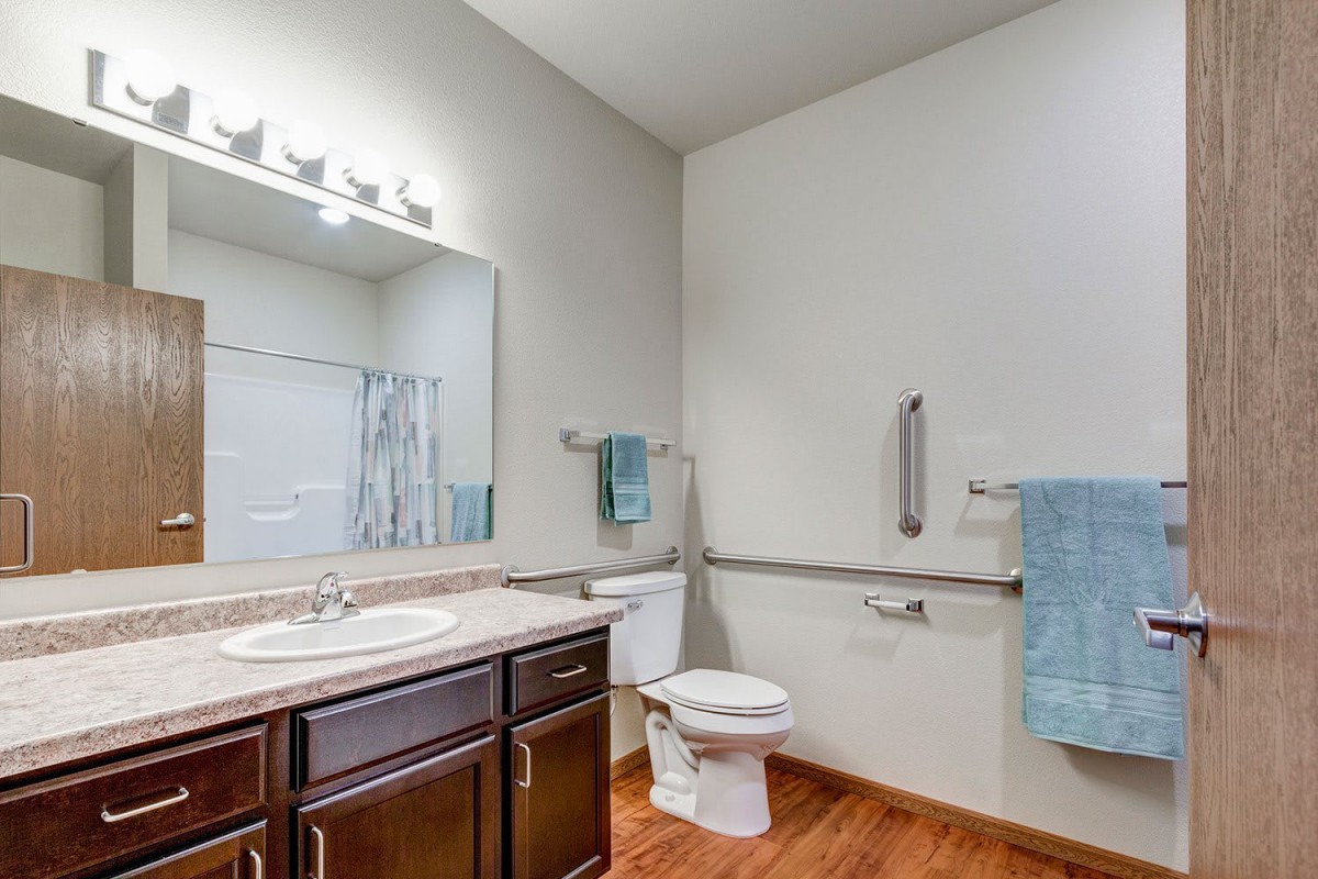 A well-lit bathroom with a sink, mirror, toilet, and wooden cabinets.