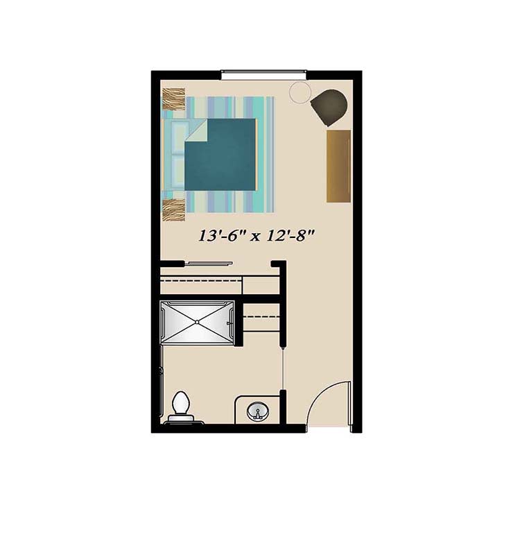 A compact floor plan showcasing a small bedroom with furniture and bathroom layout.