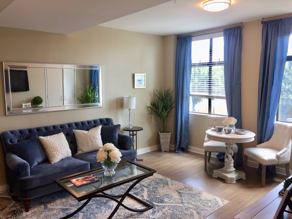 A cozy living room with a blue sofa, coffee table, and decorative pillows, complemented by indoor plants and a window with blue curtains.