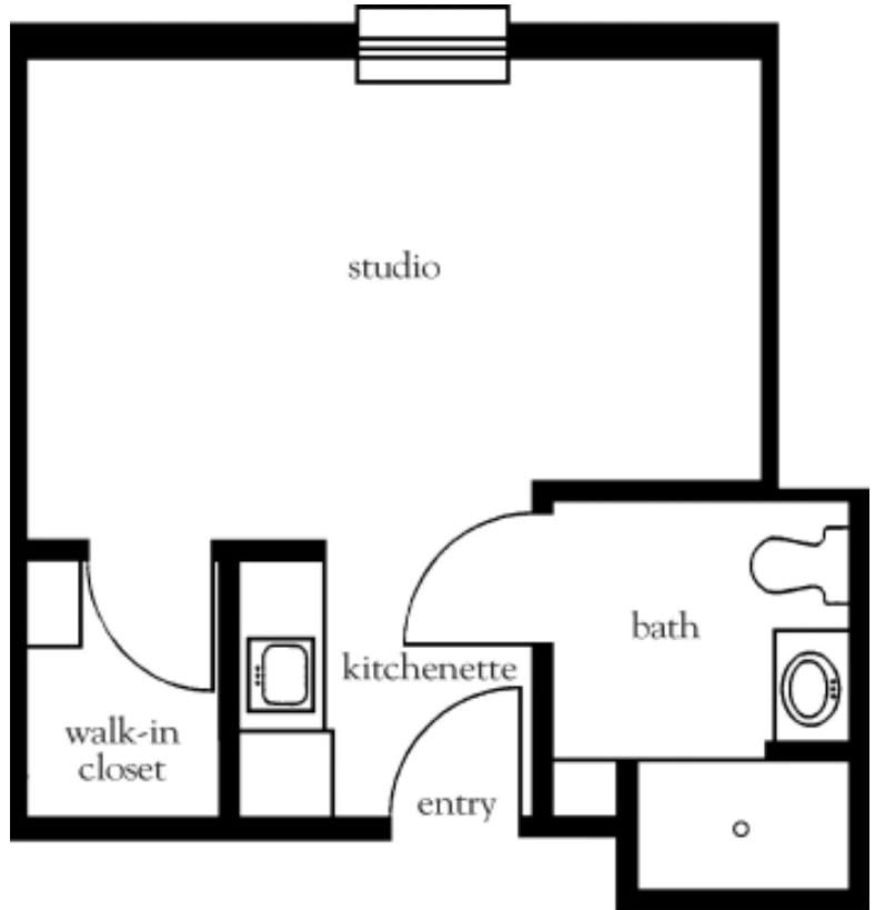 A floor plan of a studio apartment with a kitchenette, bath, and walk-in closet.