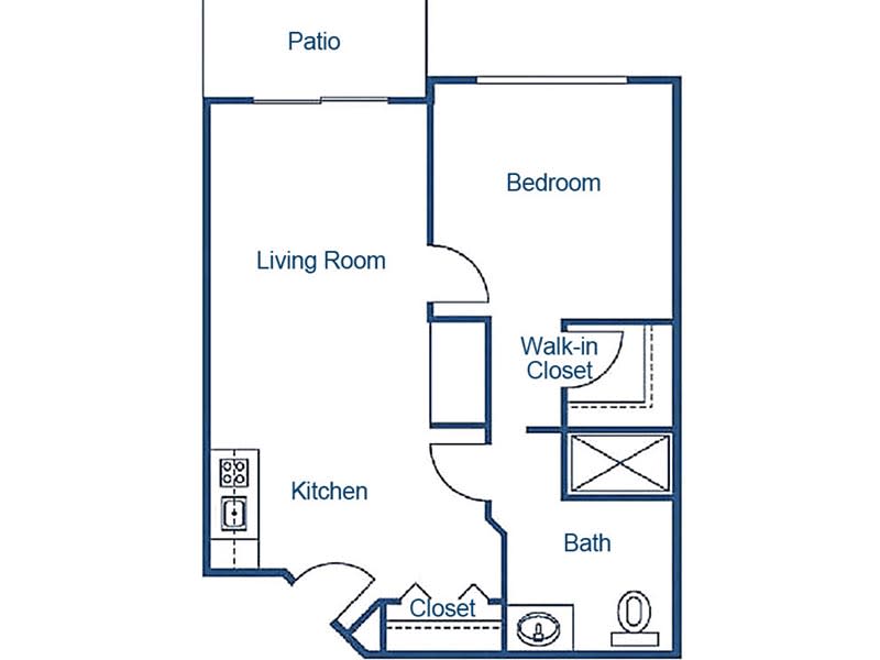 One-bedroom apartment floor plan with living room, kitchen, bathroom, walk-in closet, and patio.