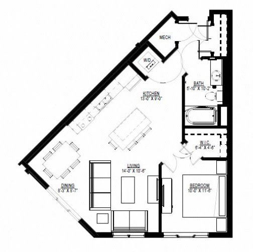 A detailed floor plan of an apartment showcasing the layout of rooms and furniture arrangement.