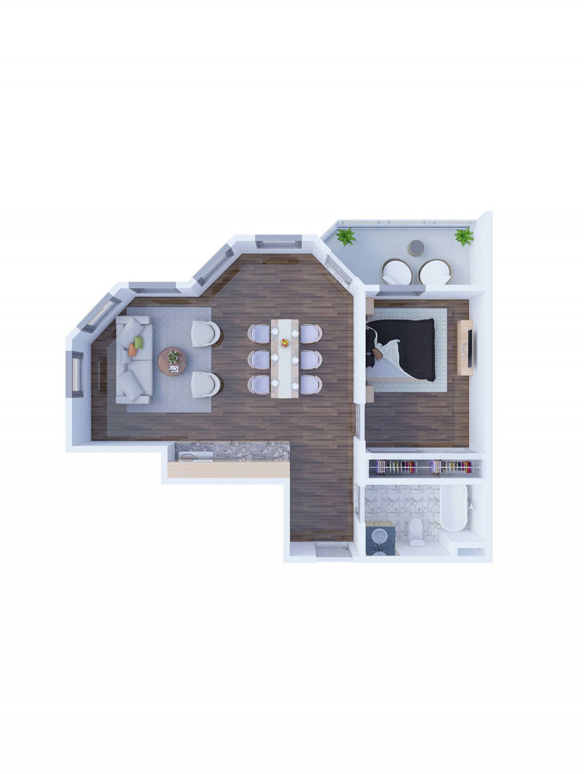 A modern apartment floor plan featuring a living room, dining area, kitchen, bathroom, and bedroom.