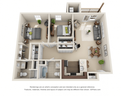 A 3D rendering of a two-bedroom apartment floor plan with a living room, kitchen, and bathroom.