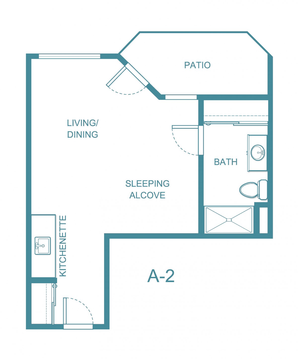 Studio apartment floor plan with a sleeping alcove, bathroom, and kitchenette.