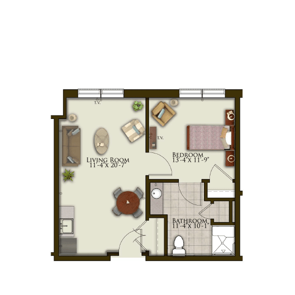 Floor plan of a small apartment featuring a living room, bedroom, and bathroom.