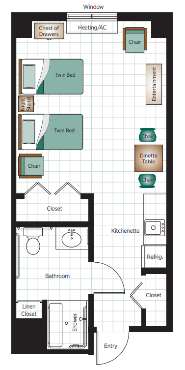 A floor plan of a studio apartment featuring a twin bed, closet, kitchen area, dining table, and bathroom.
