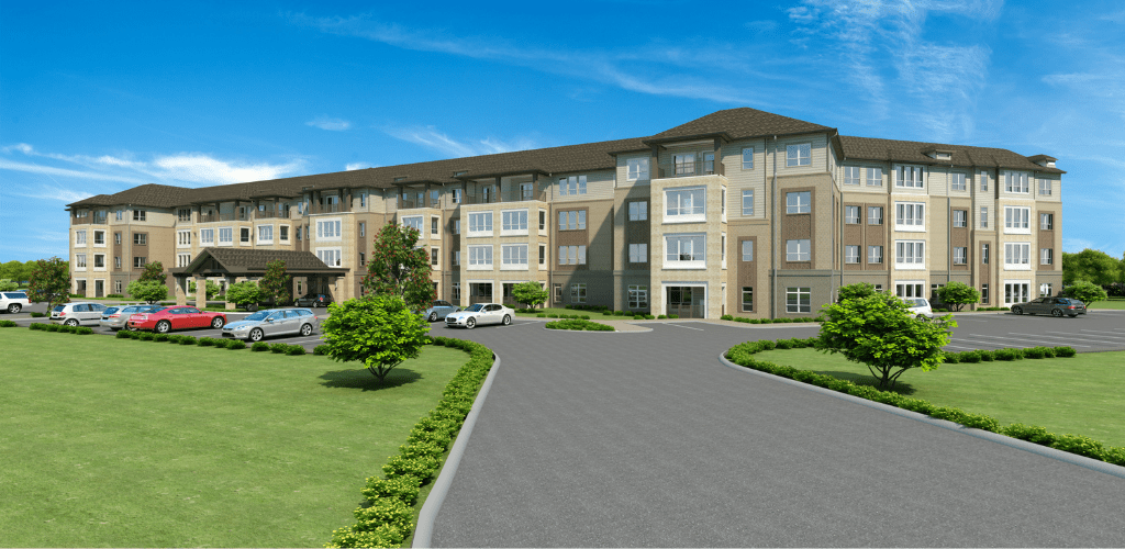 A modern apartment complex with well-maintained landscaping and a spacious parking area.