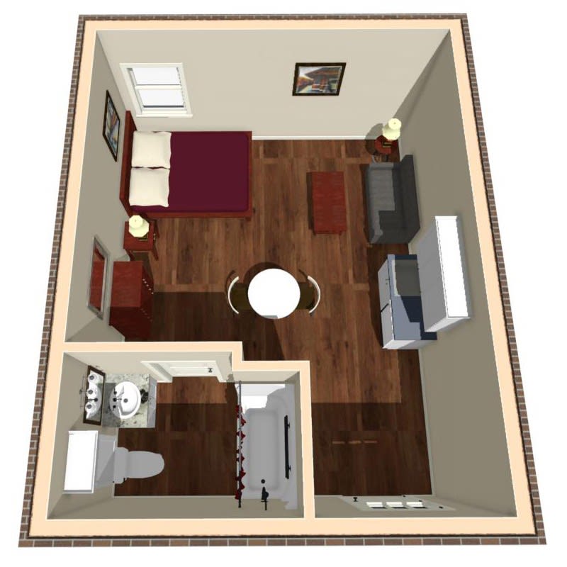 A 3D floor plan of a studio apartment showcasing a single room with an attached bathroom.