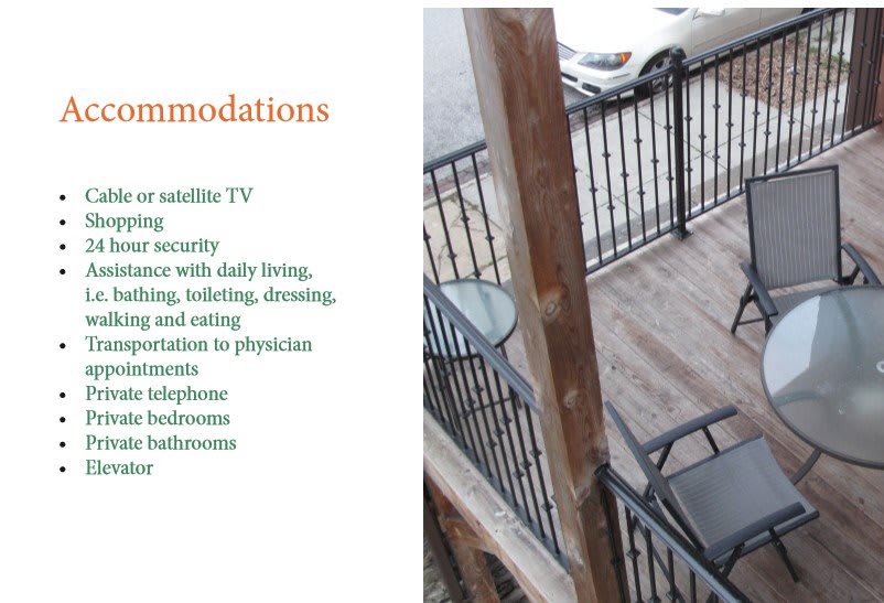 A list of accommodations and an outdoor terrace with seating.
