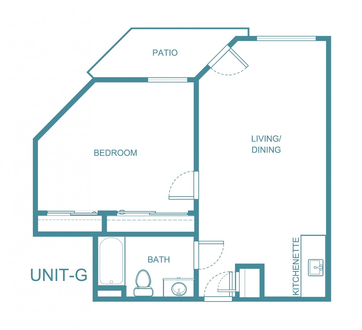 Floor plan for a one-bedroom apartment unit labeled 'Unit G', featuring a living/dining area, kitchen, bathroom, and patio.