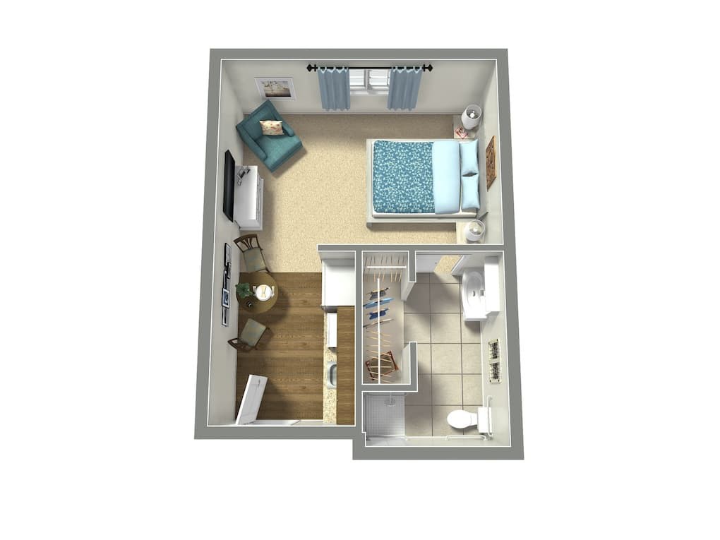 3D view of a one-bedroom apartment layout with living area and bathroom.