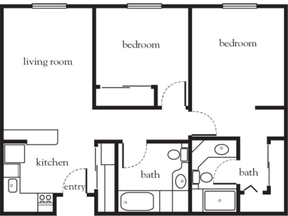 A simple floor plan of a two-bedroom apartment with a living room, kitchen, and bathroom.