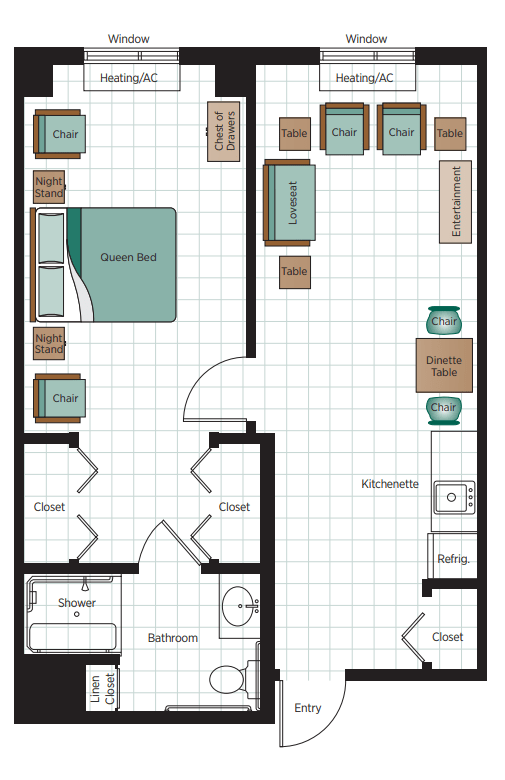 A detailed floor plan of a one-bedroom apartment, showing the arrangement of rooms and furniture.
