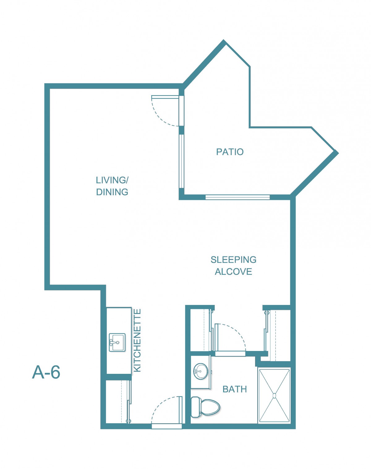 Studio apartment floor plan with a living area, sleeping alcove, kitchen, and patio.