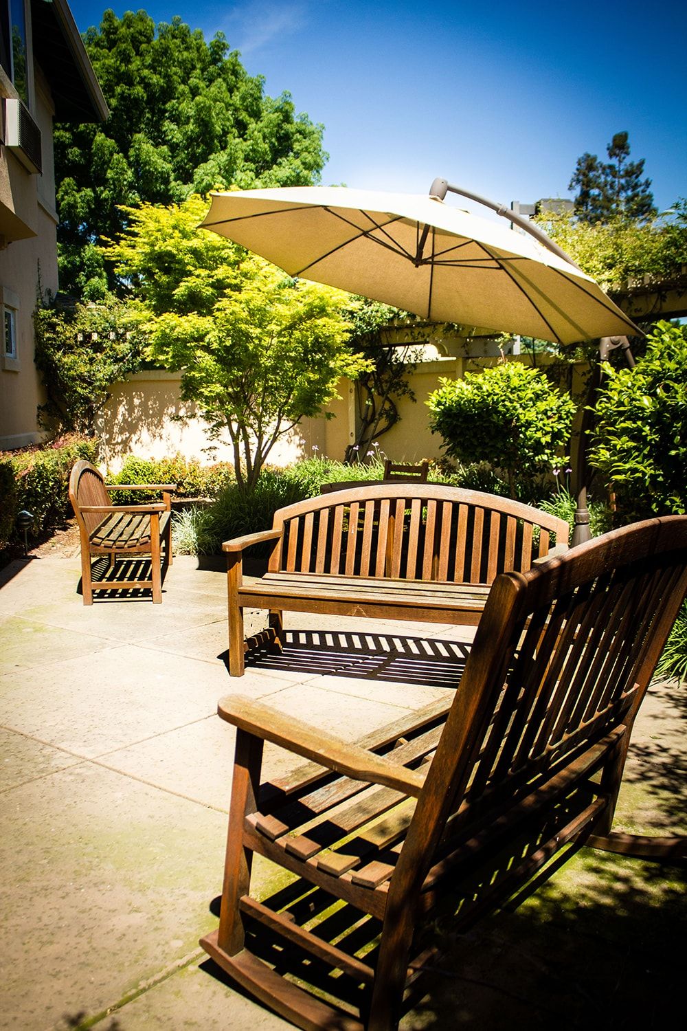 A sunny garden patio with wooden benches and a large umbrella, surrounded by lush greenery.