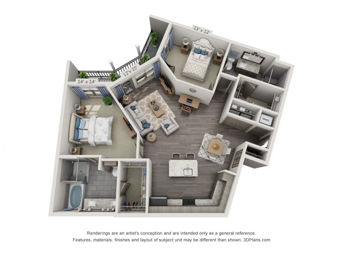 A 3D rendering of a two-bedroom apartment floor plan showcasing the interior layout with living room, kitchen, and bathroom.