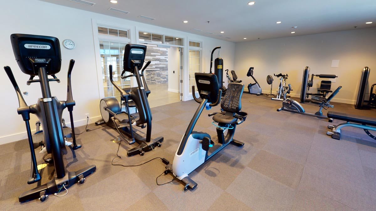 A well-equipped gym with various cardio machines including treadmills and stationary bikes.