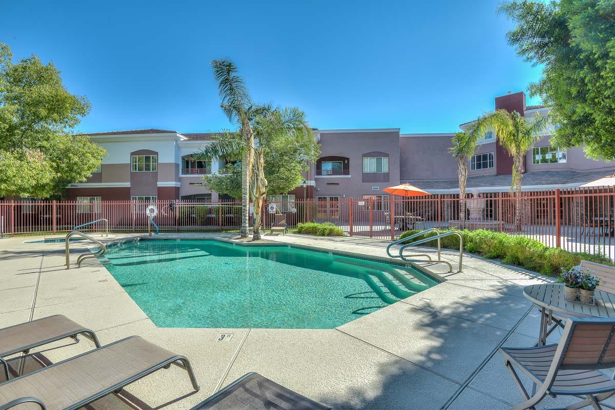 A serene outdoor pool area at an apartment complex, surrounded by palm trees and patio furniture under a clear blue sky.