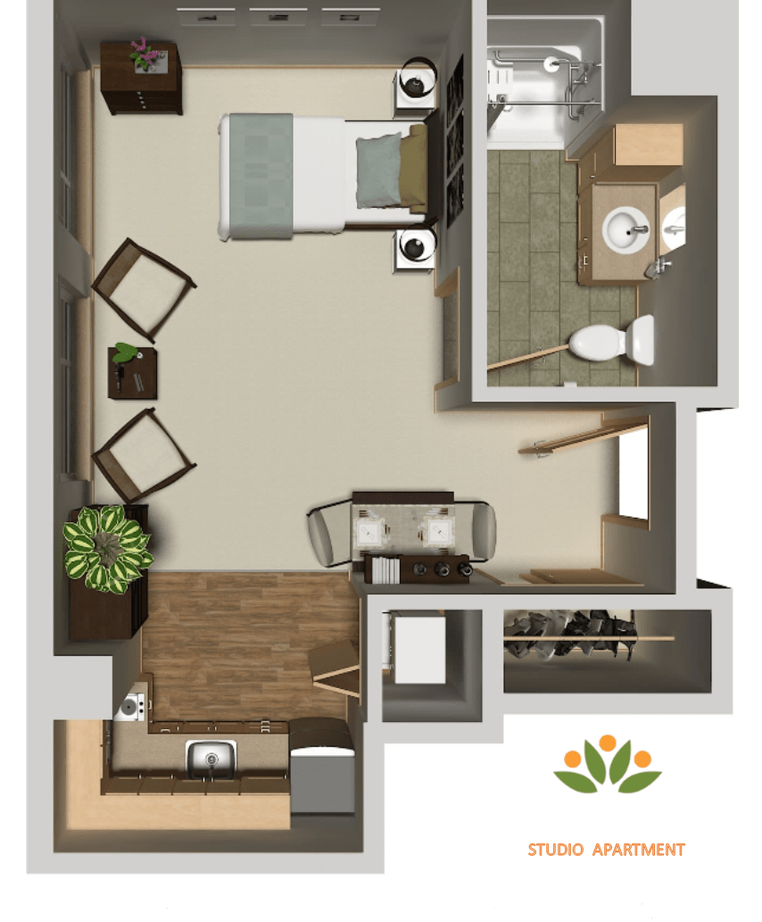 A 3D floor plan of a one-bedroom apartment featuring a living area, bathroom, and kitchen space.
