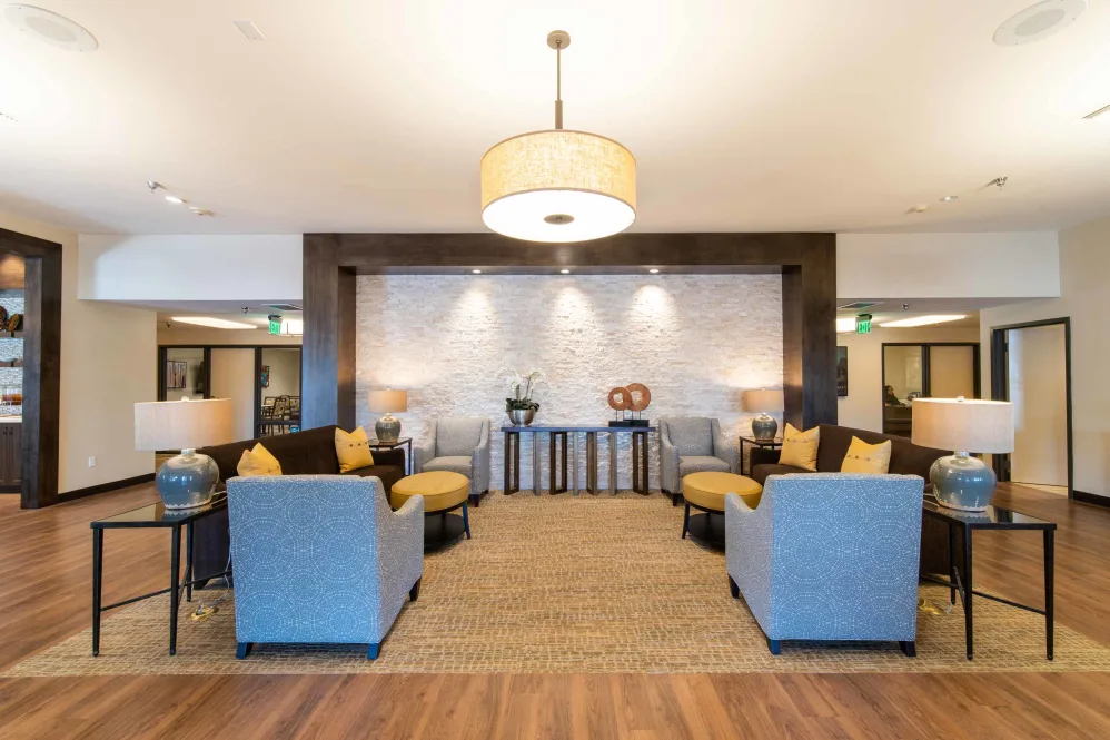 A modern lobby with comfortable seating and stylish decor.