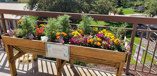 A vibrant display of flowers in a wooden planter, bringing color and life to the outdoor space.