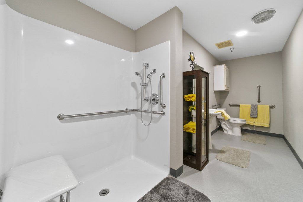 A modern, accessible bathroom featuring a walk-in shower with grab bars and neatly organized towels.
