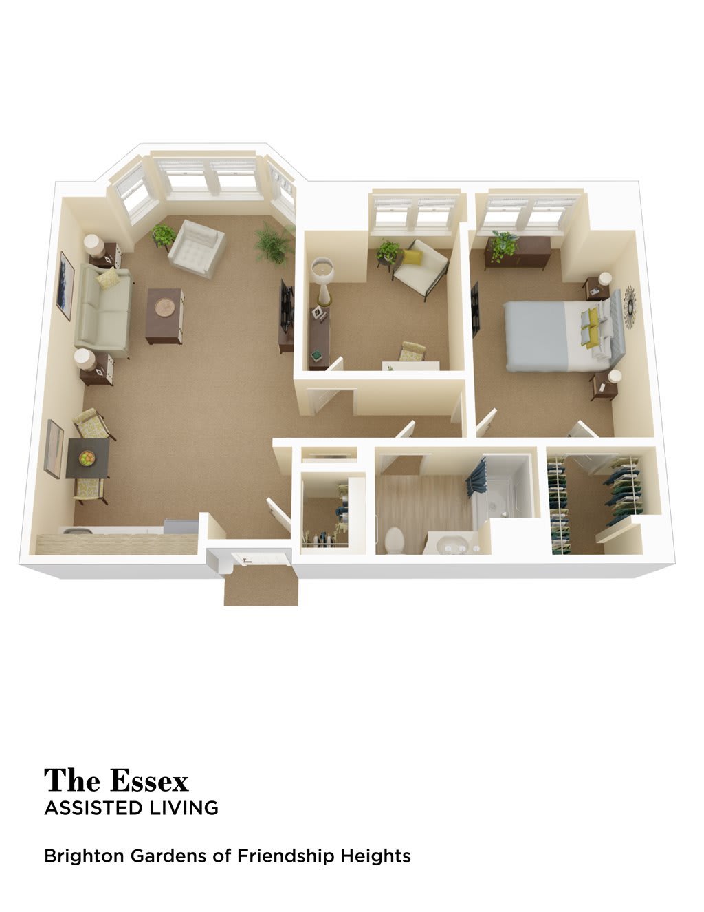 3D floor plan of 'The Essex' apartment layout.