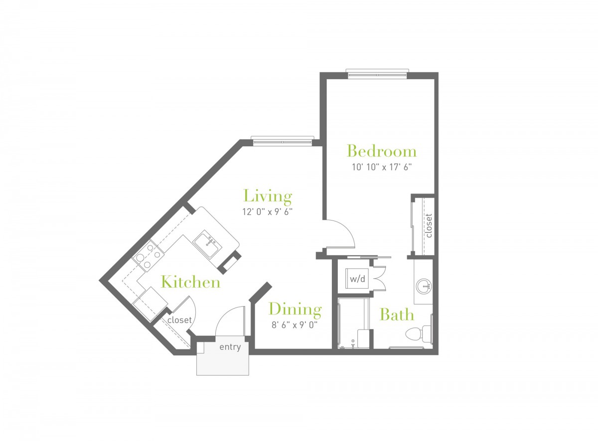A floor plan of a one-bedroom apartment featuring a living room, kitchen, bathroom, and closet.