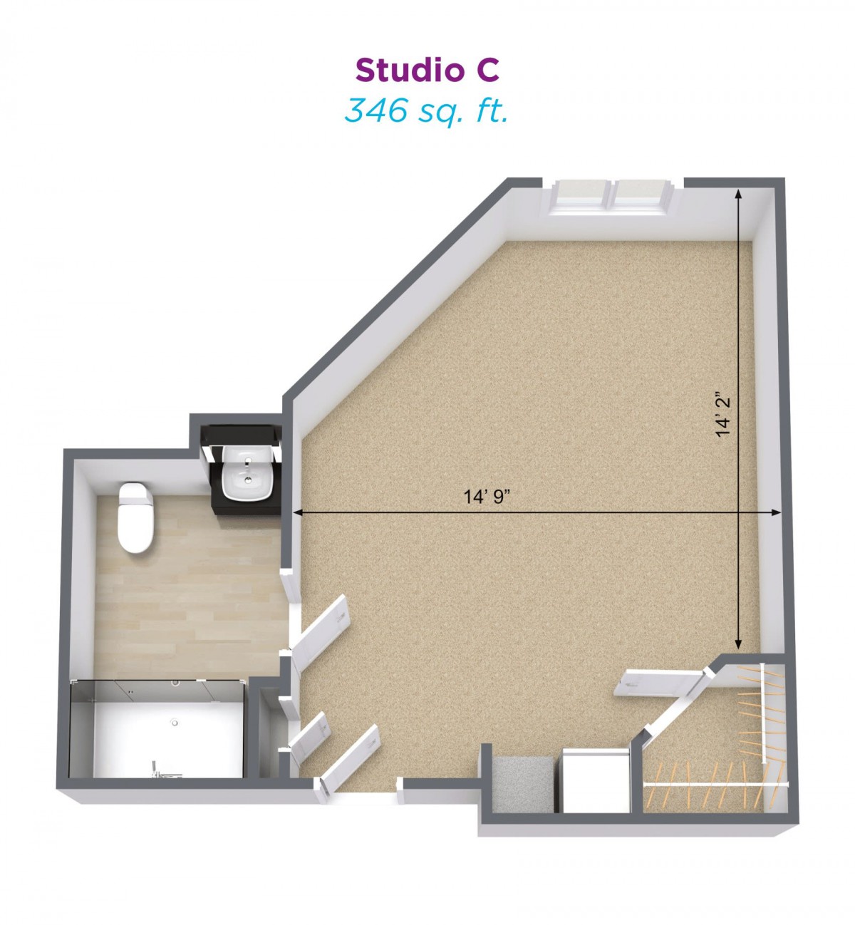 Studio C floor plan with area of 346 sq. ft., featuring a bathroom and open living space.