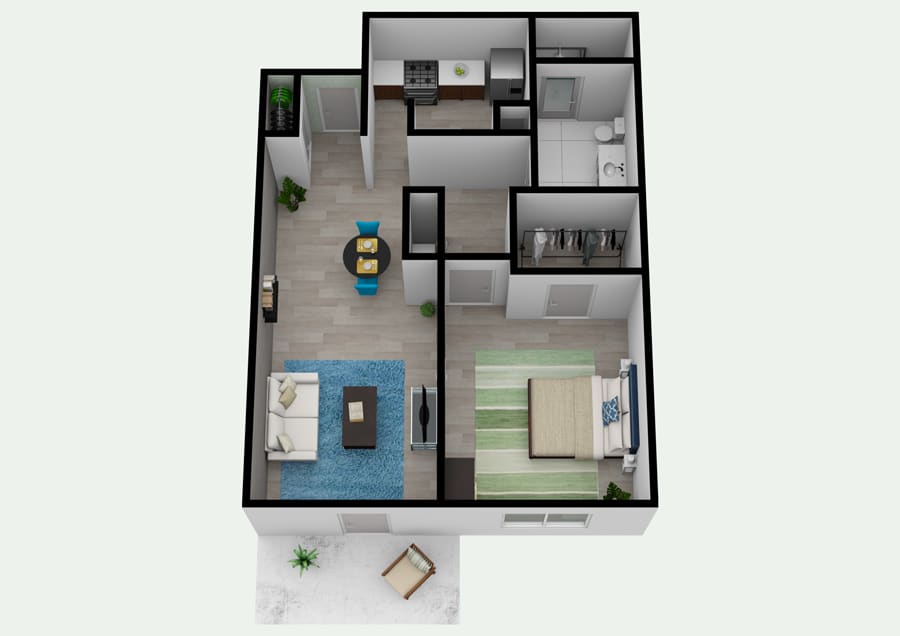 3D floor plan of a modern one-bedroom apartment with living room, kitchen, and bathroom.