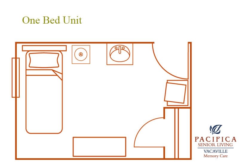 A floor plan of a single bed unit showing furniture and layout.