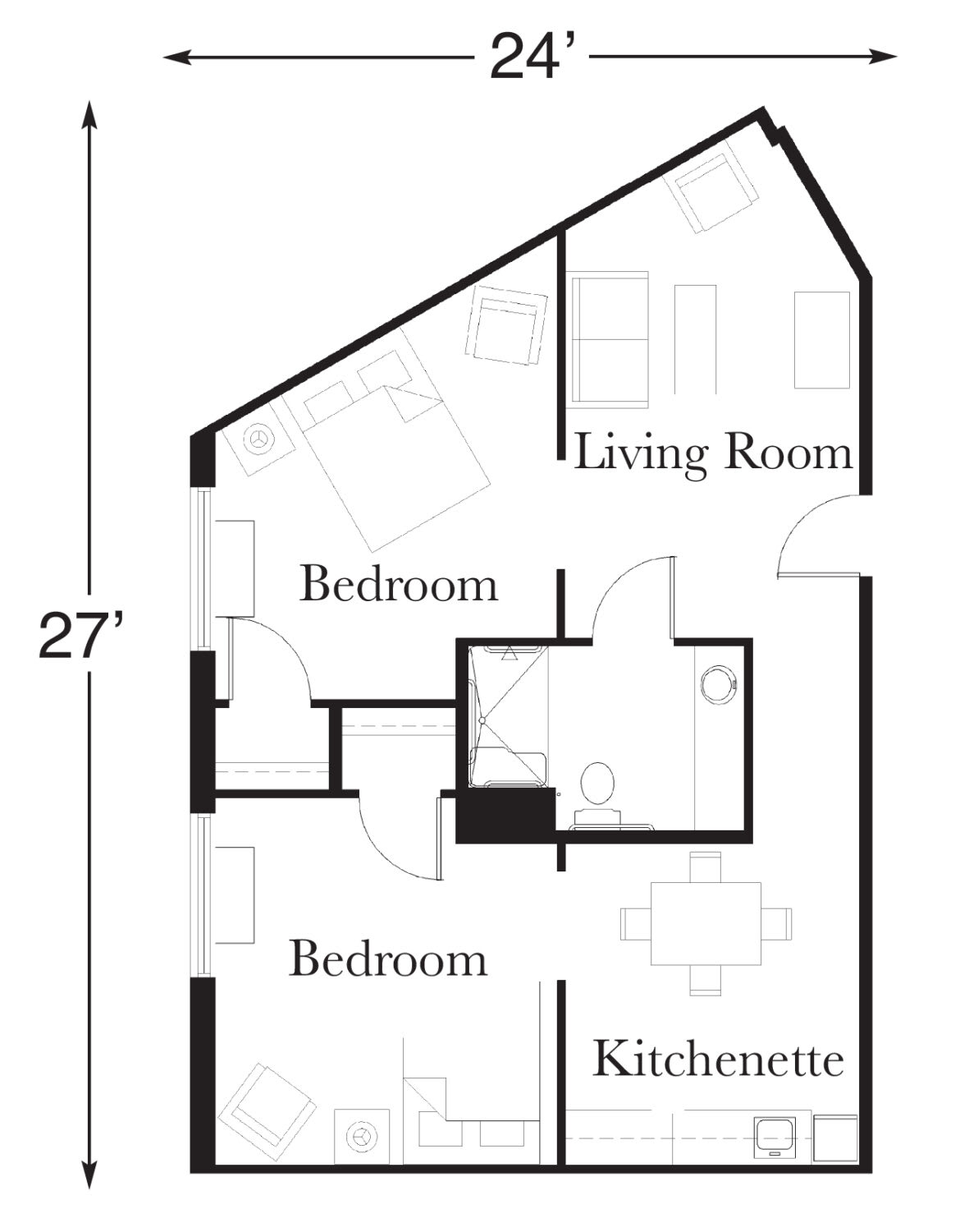 A floor plan of a small apartment featuring two bedrooms, a living room, and a kitchenette.