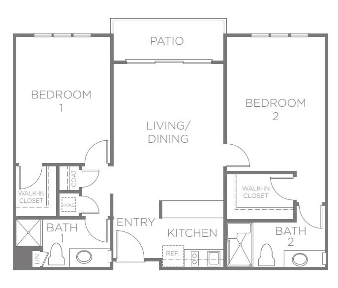 A floor plan of a two-bedroom, two-bathroom apartment with a kitchen and living/dining area, featuring an outdoor patio.