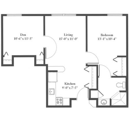 A floor plan of a one-bedroom apartment showing the layout of rooms including living, dining, kitchen, and bathroom areas.