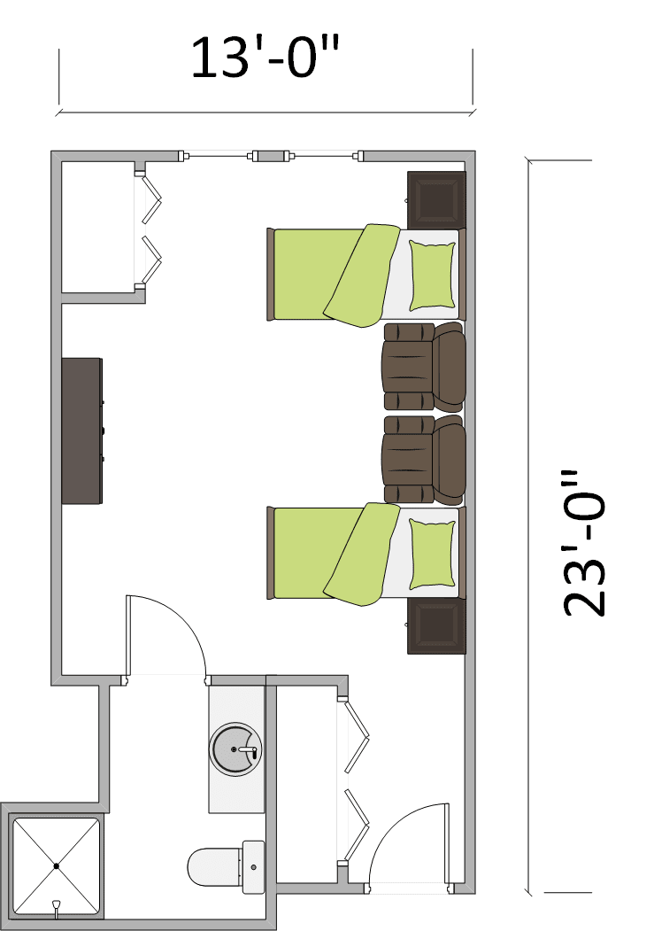 A floor plan featuring a bedroom with two twin beds and furniture arrangement.