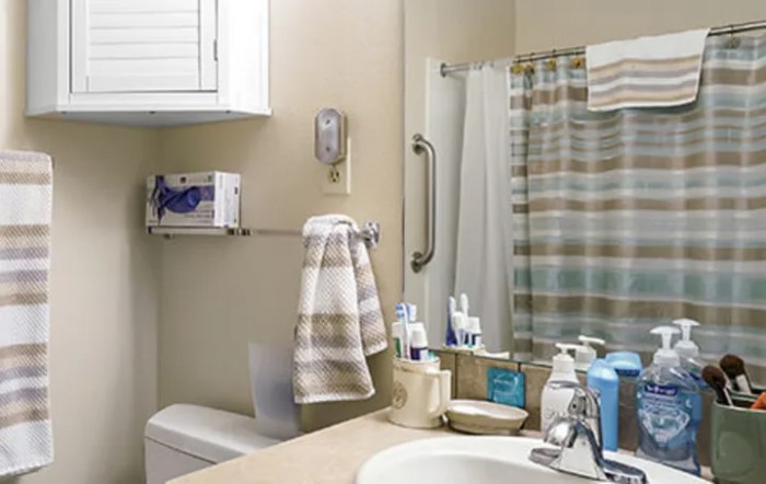 A clean bathroom with toiletries neatly arranged on the sink and a striped shower curtain.