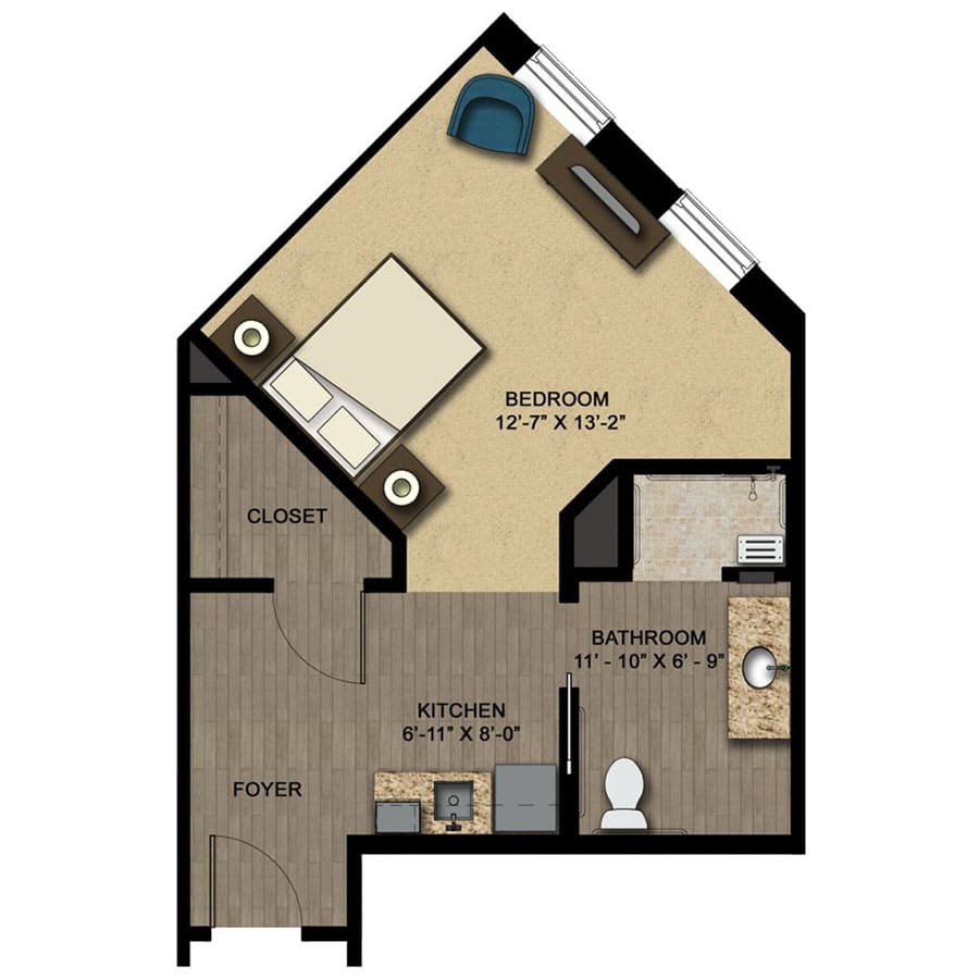 A modern one-bedroom apartment floor plan.