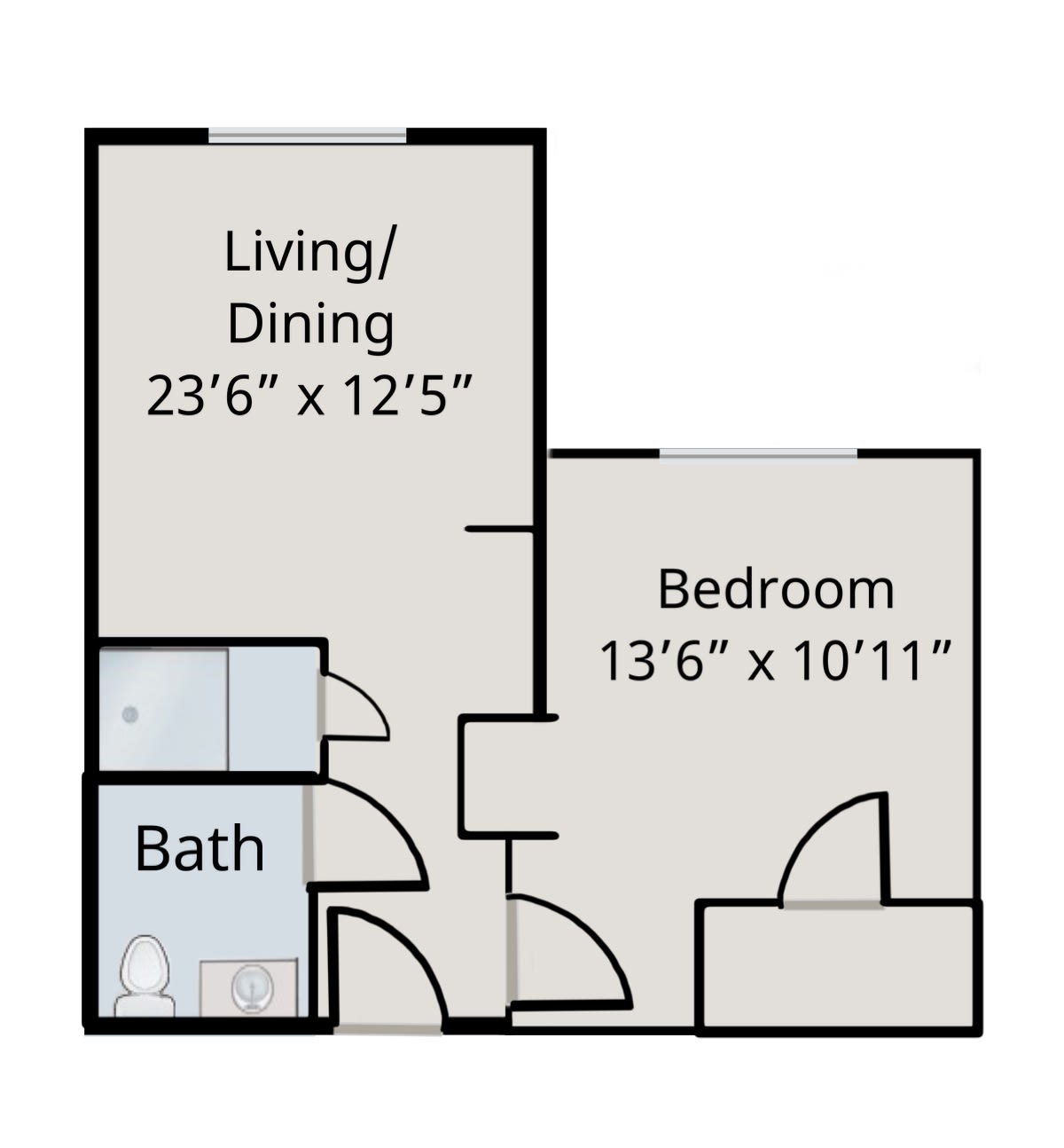 A floor plan of a one-bedroom apartment with dimensions for each room.