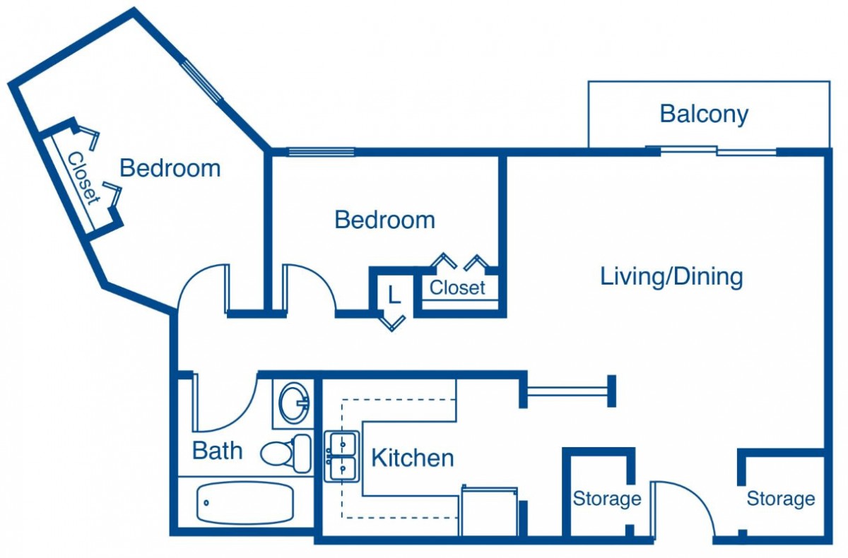 Two-bedroom apartment floor plan with a bathroom, kitchen, living/dining area, and balcony.