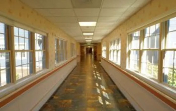 A long, well-lit hallway with windows on one side.